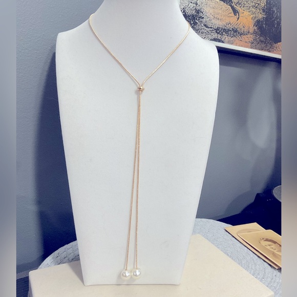 Jewelry - Gold Tone Slide Long Necklace Faux Pearl